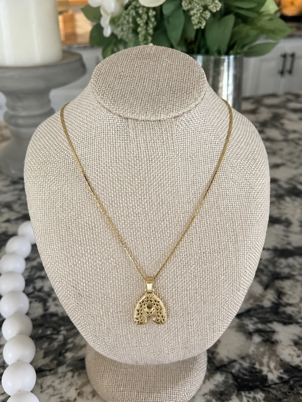 Gold Tone Filigree Letter A Initial Pendant Necklace Delicate Chain
